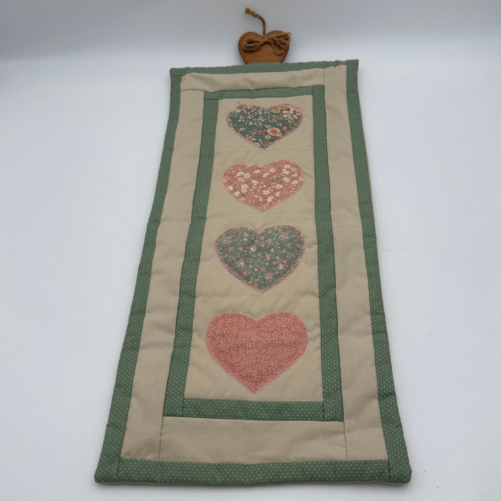 Handmade Quilted Heart Wall Hanging Floral Applique Vertical Banner Sage Pink
